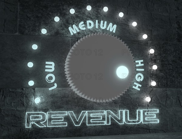 Balance adjust between low and high revenue. regulator with neon shine scale. 3D rendering