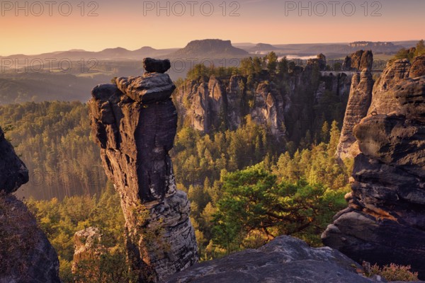 Sunrise, rocks, mountains, forest, Bastei, Wehlnadel, Saxon Switzerland, Germany, Europe