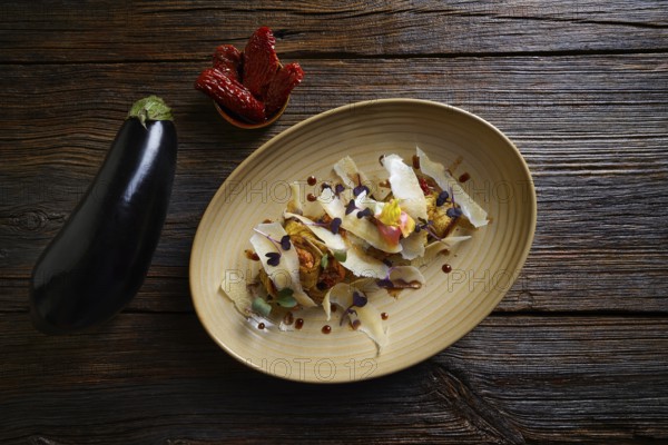 Aubergine and cheese recipe italian food on wood table