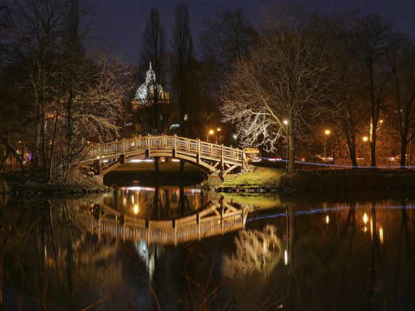 Johannapark Leipzig at night. The dome of the Federal Administrative Court in the background. Saxony, Germany, Europe