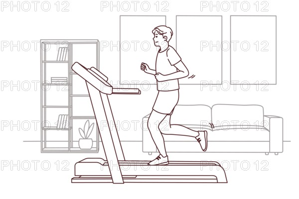 Young sportive man in sportswear running on racetrack at home. Toned motivated male do sports training indoors. Physical activity. Vector illustration