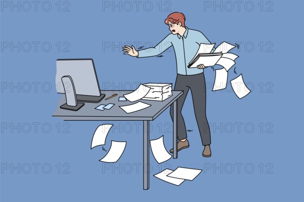 Clumsy employee collect scattered paperwork in office. Awkward tired male worker manage paper documents at workplace. Mess and chaos at work. Flat illustration