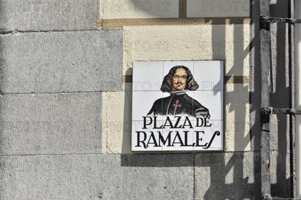 Madrid, Spain, Europe, Traditional street sign on a wall showing the Plaza de Ramales in Madrid, Europe