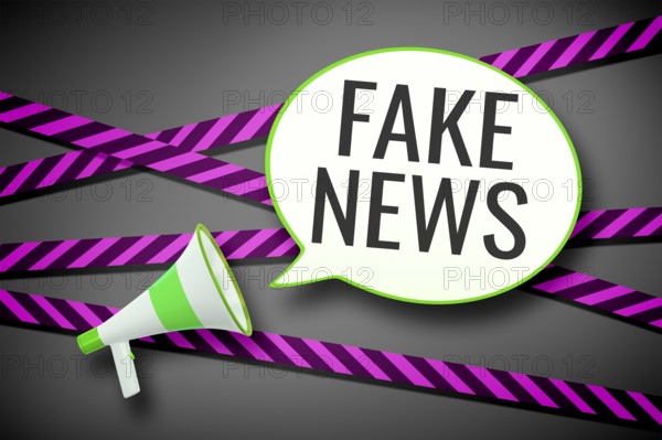 3D illustration of a megaphone and a speech bubble with the message fake
