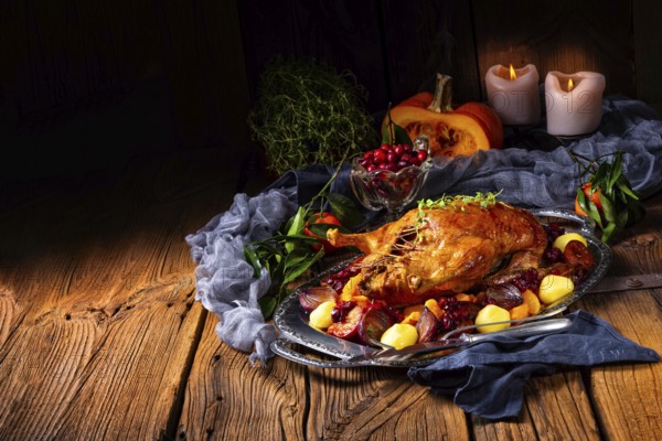 Delicious duck roasted with thyme and apple