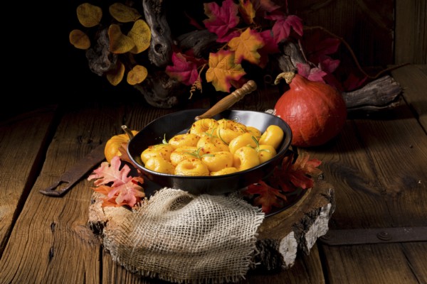 Delicious autumnal dumplings with hokkaido pumpkin puree