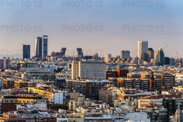 Madrid, Spain, August 24, 2020: Madrid city centre aerial panoramic view at sunset, Europe