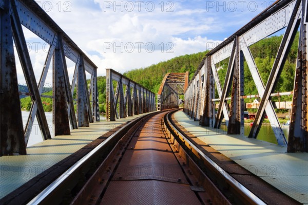 Single track railway bridge over the Vltava river, Czech Republic - HDR Image