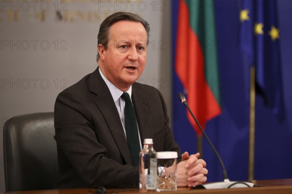 Sofia, Bulgaria - 14 February 2024: British Foreign Secretary David Cameron speaks to the media after his meeting with Bulgarian Prime Minister