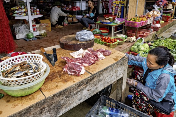 A close-up view of a market stall selling fresh fish and meat, a vendor preparing food, selling meat and vegetables on the street in the Sa Pa area of Vietnam