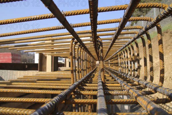 View through an object made of structural steel with a large depth of field
