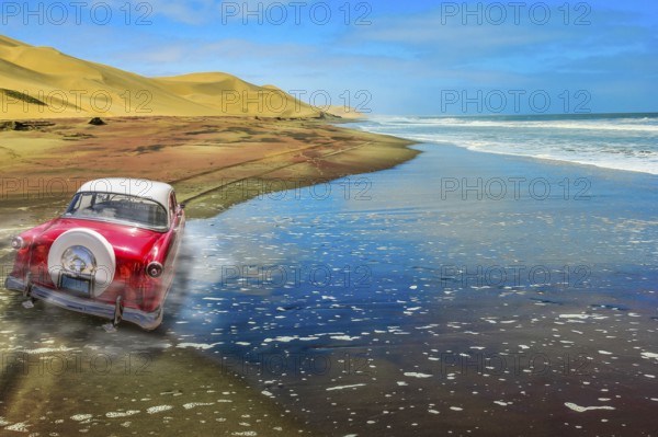 A vintage pink car on a sandy road with dunes and ocean background. Back view of a car. Copy space over water to add your own text