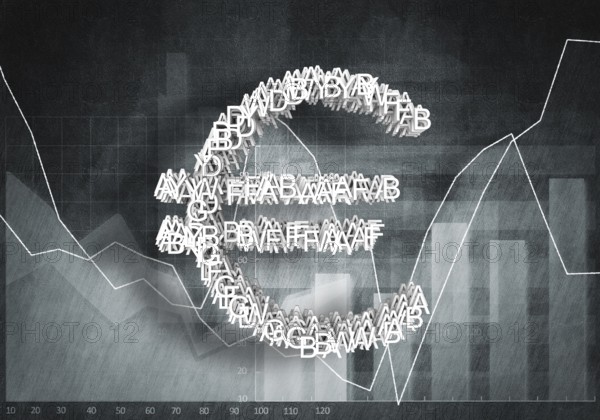 Big euro currency symbol on graphs and diagrams background, 3D rendering