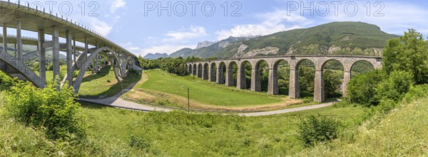 Crozet railway viaduct and Crozet motorway viaduct in Isère. France. A51 motorway. City of Vif