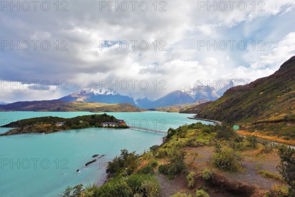 Beautiful Patagonia. Snow-capped mountains and emerald lake. Park Torres del Paine in southern Chile