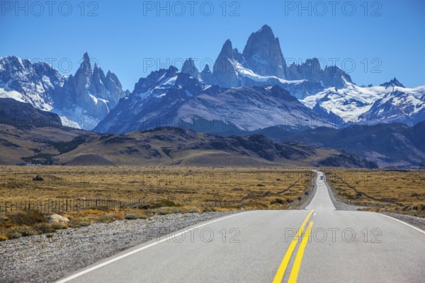 Sunny day in February in Argentine Patagonia. Excellent asphalt road to the majestic Mount Fitz Roy
