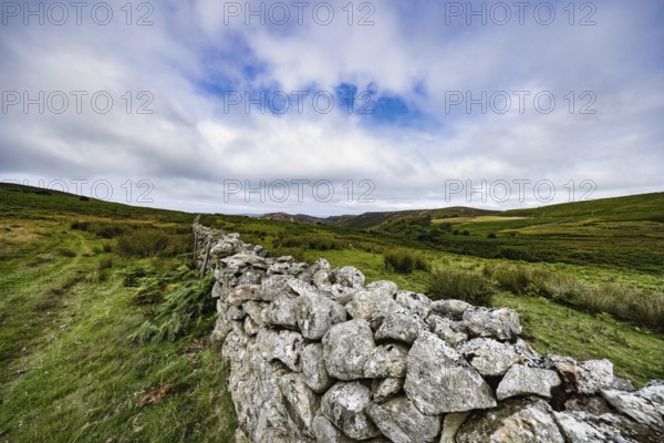 Hilly landscape with green meadows and stone wall, dry stone wall on the edge of Snowdonia National Park, Penmaenmawr, Dwygyfylchi, Caernarfonshire, Conwy County Borough, Wales, United Kingdom, Europe