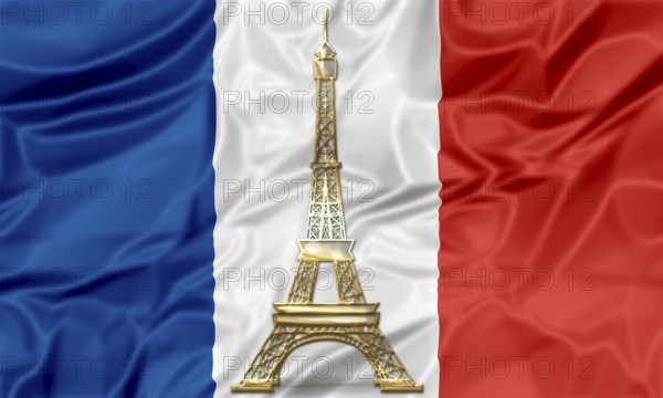 The national waving flag of France. Blue, white red background with gold Eiffel Tower symbol
