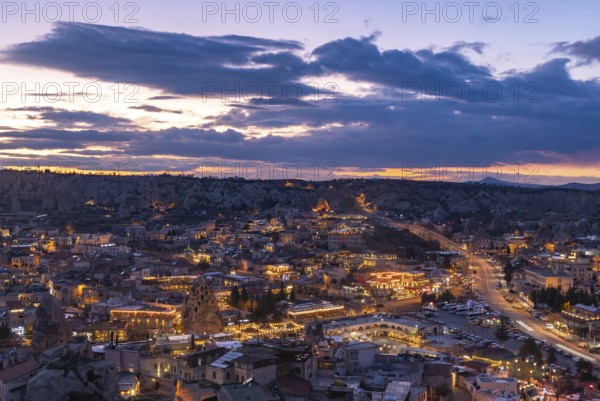 A picture of the town of Goreme, in Cappadocia, at sunset