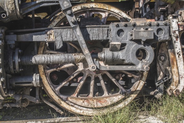 Details of an old steam locomotive. Close up wheels. Bulgaria