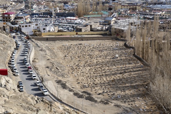 Leh, India, April 2, 2023: High angle view of the Islamic cemetery, Asia