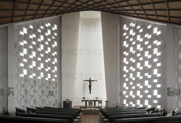 Built in 1963 by Walter and Rainer Blaich, view to the altar, wooden ceiling in the shape of a hyperboloid, St., Sankt, Saint