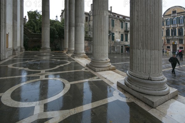 Italy Venice Church of San Nicolò da Tolentino -345 portico 1704-16 v A Triali baroque stone inlaid floor in marble and granite in the rain