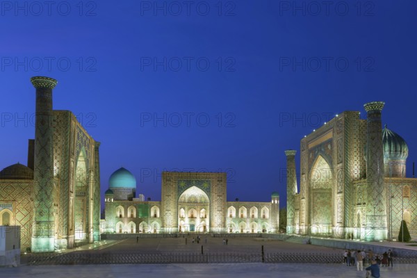 Registan square in Samarkand historical center, Uzbekistan. Evening