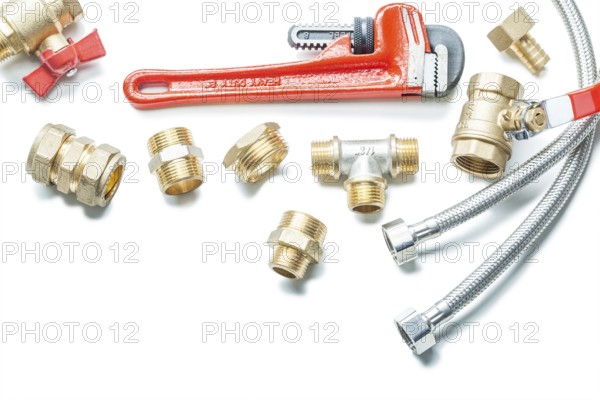 Pipe fottings fixtures and water hoses adjustable wrench isolated on white