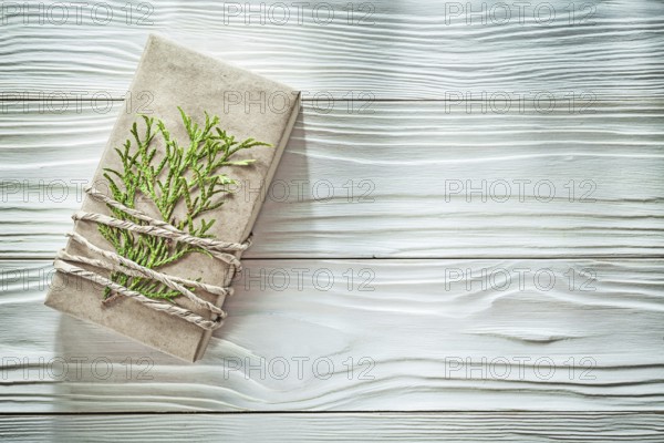 Packed corded handmade gift box with thuya branch celebrations concept