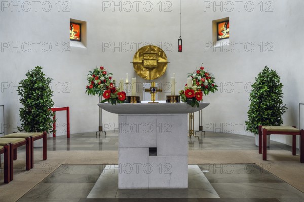 The flower-decorated altar in the Church of the Visitation of the Virgin Mary, Leubas near Kempten, Allgäu, Bavaria, Germany, Europe