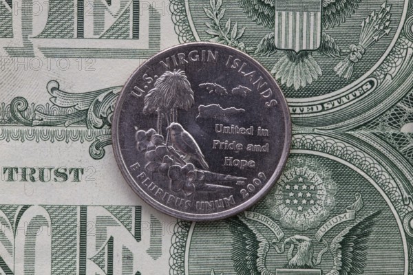 A quarter of U.S. Virgin Islands on US dollar bills. Symmetric composition of US dollar bills and a quarter of U.S. Virgin Islands