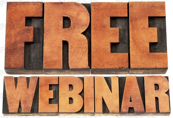 Free webinar banner - internet communication concept - a word abstract in letterpress wood type printing blocks stained by red ink