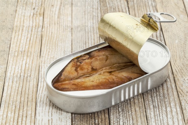 Open can of wild herring in wine sauce against a white painted grunge background