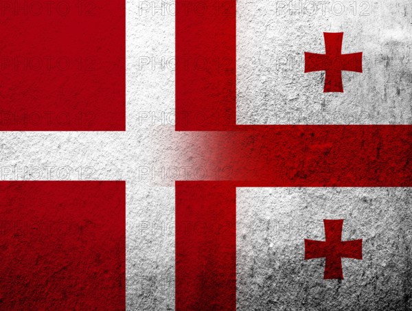 The Kingdom of Denmark National flag with flag of the country of Georgia. Grunge Background