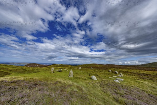 Druids Circle, stone circle in wide landscape with pastures in the mountains, Penmaenmawr, Dwygyfylchi, Caernarfonshire, Conwy County Borough, Wales, Great Britain