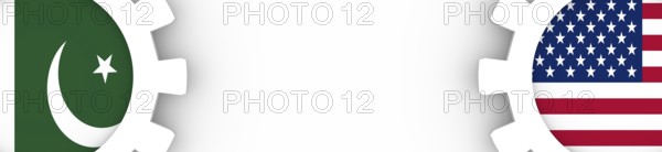 Web Banner, Header Layout Template. Politic and economic relationship between USA and Pakistan. National flags cog wheels. 3D rendering