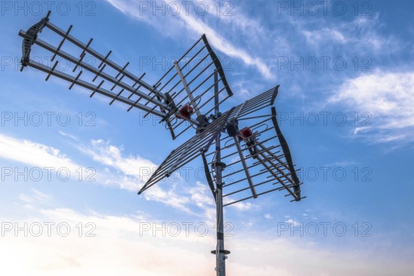 Directional antenna for reception of digital television broadcasting DVB-T and DVB-T2 against a blue sky