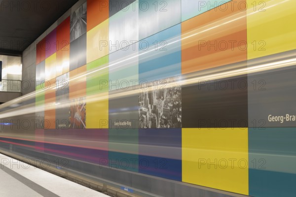 MUNICH, GERMANY, JANURAY 01, 2023, Colorful wall of the subway station Georg-Brauchle-Ring in Munich, Bavaria, Germany, Europe