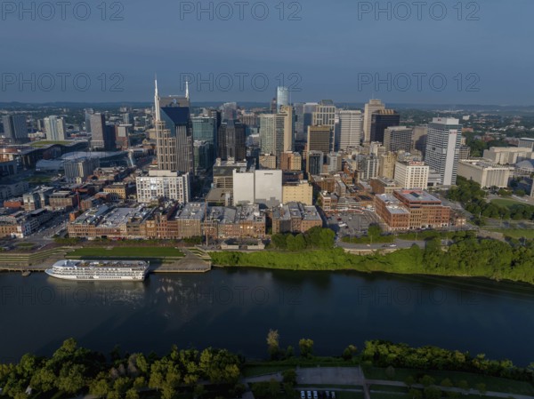 Aerial view of the city of Nashville, TN located on the Cumberland River. The city is the capitol for the Volunteer State