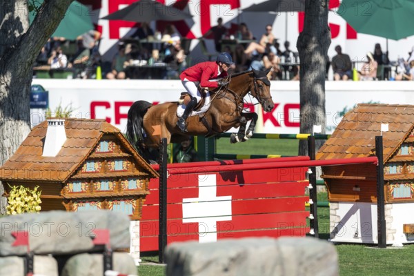 Calgary, Canada, Sept., 7, 2024. Daniel Deusser of Germany, riding Gangster VH Noddevelt compete in the BMO Nations Cup during the CSIO Spruce Meadows, Masters, presented by Rolex, North America