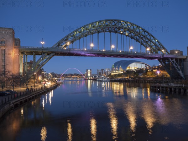 NEWCASTLE UPON TYNE, TYNE AND WEAR/UK, JANUARY 20 : View of the Tyne and Millennium Bridges at dusk in Newcastle upon Tyne, Tyne and Wear on January 20, 2018