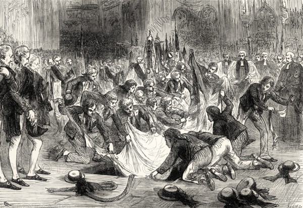 Horatio Nelson's funeral at St Paul's Cathedral on 9 January 1805, sailors tearing his flag apart for souvenirs, From British Battles on Land and Sea by James Grant