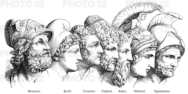 The heroes of the Trojan War: Menelaos, Paris, Diomedes, Odysseus, Nestor, Achilles, Agamemnon