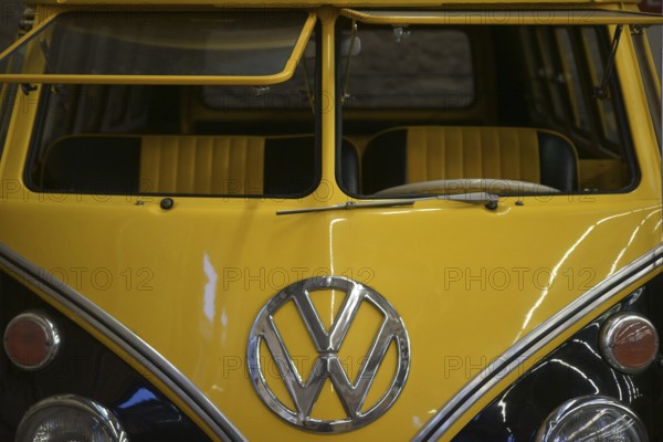 Mainz, Germany - November 04, 2017: The front view with windscreen and logo of an old VW Bus classic car on 04 November 2017 in Mainz