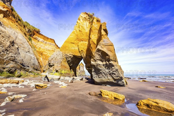 The Tongaporutu beach on the Pacific coast. Magical journey to the ends of the world. Low tide on the Pacific coast. New Zealand. North Island