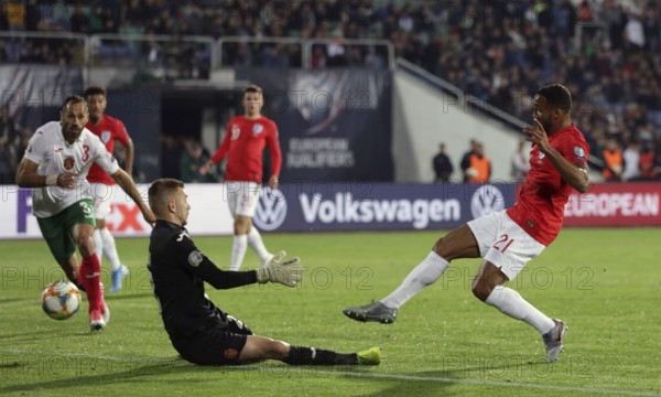 Sofia, Bulgaria - 14 October 2019: Callum Wilson is seen scoring against Bulgarian goalkeeper during Bulgaria vs England match part of 2020 European Qualifier