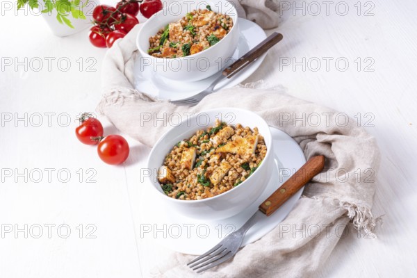 Kaszotto Polish dish made from buckwheat with grilled chicken