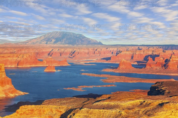 States of Utah and Arizona. USA. Lake Powell is a reservoir on the Colorado River. Huge lake of among the red sandstone cliffs. The coast is cut by narrow canyons. The photos were taken from the plane