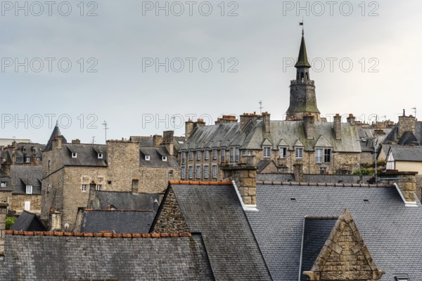 High angle view of Dinan with old cobblestoned streets and stone medieval houses, French Brittany